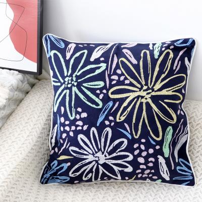 China Factory Decorative Supply Creative Flowers Designs Home Decorative Blue Flat Embroidered Pillow Case Cushion Covers for sale