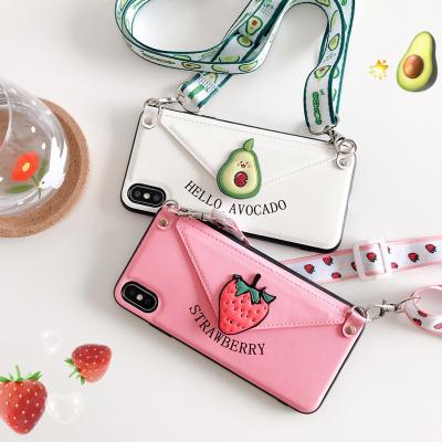 China For iPhone11Wallet Phone Case Strawberry Avocado Strap Fruit Cell Covers Leather Wallet Phone Case For iPhone 11 Pro XS X X 8 7 6 Plus Max for sale