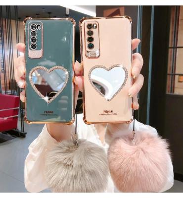 China Luxury Cute Diamond Heart Mirror Rabbit Fur Ball Phone Case Diamond Heart Mirror Rabbit Fur Ball Phone Cover Cases For Huawei P20 P30 P40 pro Lite join pro case 20 30 40 for sale