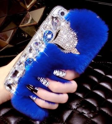 China Luxury Bling Diamond Real Rabbit Fur Fox Head Phone Cover Case Rhinestone Diamond Rabbit Fur Phone Case For iPhone 11 12 pro X max XS max XR 6 6S PLUS 7 8 plus for sale