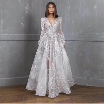 China New Girl's V-Neckline Prom Evening Party Dress Breathable Elegant Custom Lace Long Sleeve Bead Embroidery Dresses For Woman Beaded Prom Dresses for sale