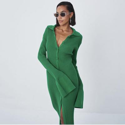 China 2023 Spring New Breathable Fashionable V-Neck Solid Button Knitted Casual Long Sweater Dress For Women for sale