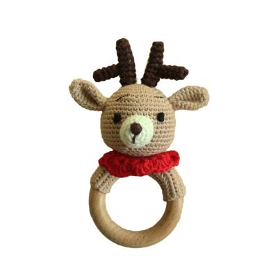 China Toy Wholesale Natural Wooden Soft Baby Toys Handmade Crochet Ring Rattle Teethers Animal for sale