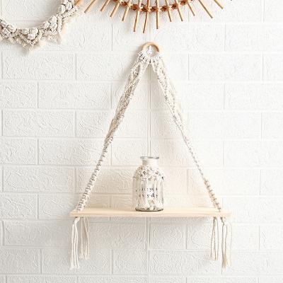 China Art Decor Handmade Woven Macrame Tapestries Rack Shelf Home Decor Storage Bohemian Wooden Handmade Store Shelves for sale