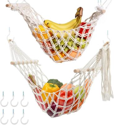 China Handmade Fruit Hammock Under Cabinet 2 Pack Macrame Fruit Basket Veggie Banana Hanging Holder For RV Camping Kitchen for sale