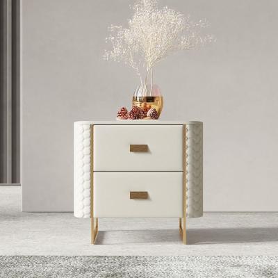 China 1 Modern Design Drawer & Hutch Light Luxury Italian Style Bedside Cabinet Gold Nightstands Bedside Cabinet White Leather Bedroom Furniture for sale