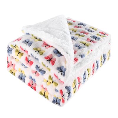 China New Design Coral Fleece Flannel Thick Blue Butterfly Printing Folded Blanket for sale