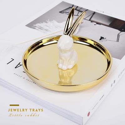 China Wholesale Elelgent Graceful Jewelry Display Tray Ceramic Bunny Ring Holder Necklace Dish Trinket Tray For Wedding Gift Luxury Home Decor for sale