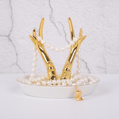 China Elelgent Luxury Gold Home Decorative Antlers Wedding Ceramic Jewelry Display Dish Ring Necklace Trinket Tray For Girlfriend Birthday Gift for sale