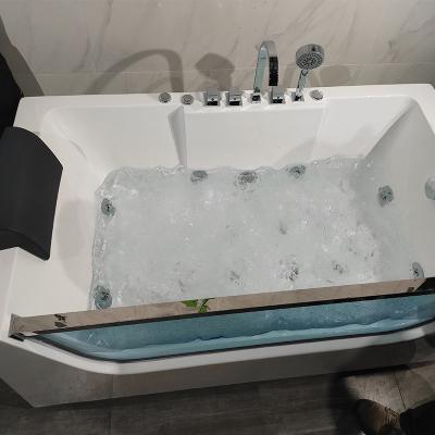 China Whirlpool Design Bathroom Whirlpool Design Acrylic Tempered Glass Bath Tub Interesting Material Eco-Friendly Corner With Led Underwater Light for sale