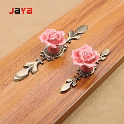 China European Creative Ceramic Handle Rose Flower Style Ceramic Drawer Handle for sale