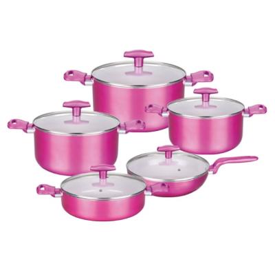 China Metal Forged Aluminum Pink Cookware Set With Nonstick Coating And Induction Bottom for sale