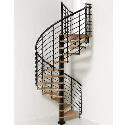 China Modern Design Modern Tread Wooden Powder Coated Iron Stringer Indoor Spiral Stair for sale