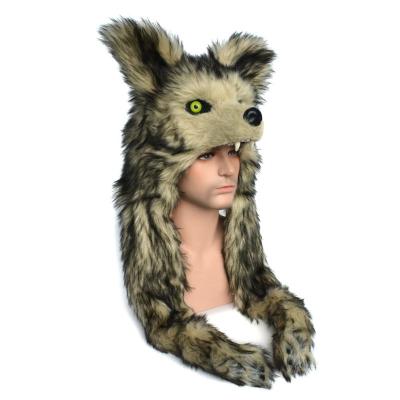 China Gray Wolf Shape Cap Plush Fluffy Handmade Warm Mask Cartoon Cosplay for sale