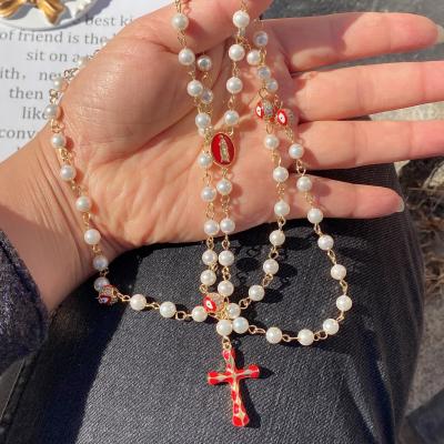 China CLASSIC Fashion Multilayer Shell Beads Charm Necklace 55cm Enamel Colored Zircon Inlaid Cross Rosary Hollow Beads Necklace for sale