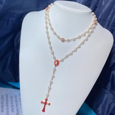 China New Style CLASSIC White Mosaic Zircon Drip Pearl Cross Necklace 6mm-7mm Shell Beads With Virgin Mary Prayer Beads Necklace For Women for sale