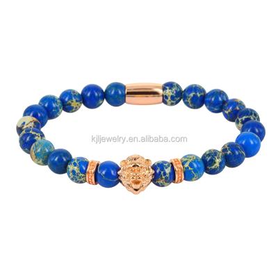 China Classic & hot sale trendy Jasper Beads And Gold Plating Natural Imperial Lion Head Bracelets Classical and trendy round bead bracelet for sale