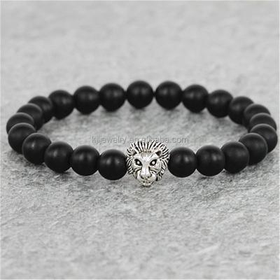 China Silver 8 Millimeter Matte Agate Stone Beads Men's Natural Black Stretch Bracelet, Silver Lion Head Bracelet, Yoga Jewelry 2018 for sale