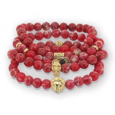 China Real ONYX 24k Gold Plated Natural Red Stone Round Agate Head Bracelet Women Skull 8mm Men Bead Bracelet for sale