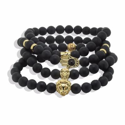 China Fashion Jewelry 8mm Black Onyx Stone Beads Hamsa Lion Skull Power Band Energy Bracelet for sale