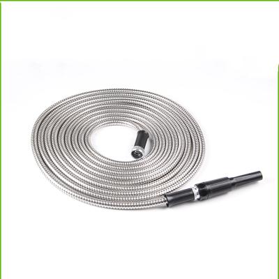 China Amazon Hit New Metal Spiral 201 Silver Garden Hose Abrasion Resistant 304 Stainless Steel Hose With Plastic Adjustable Spout for sale