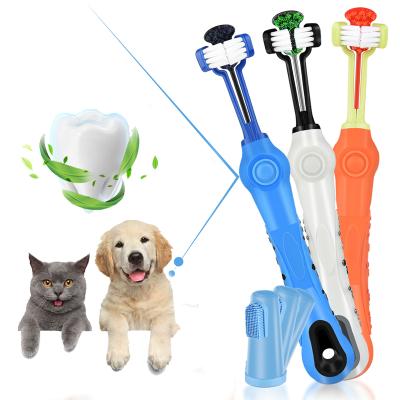 China Amazon Stocked Hot Selling Multi-Angle Cleaner 3 Head Triple Sided Hangable Pet Cat Dog Toothbrush With Soft Bristles for sale