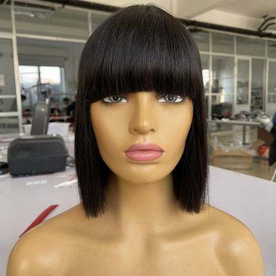 China Silky Straight Wave In Bob Wig Brazilian Virgin Hair Blunt Fringe Wig 8in Stock Natural Color Cut Non Lace Wig for sale