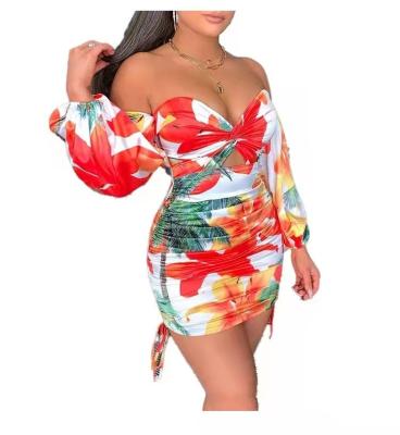 China BOBOYU Breathable vestidos design off shoulder dressfor women sexy bodycon floral ruched mini dress for sale