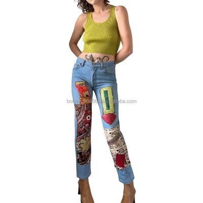 China BOBOYU QUICK DRY 2022 2022 vintage blue jeans with chic pants and bandana patches embroidery women high street denim pants for sale