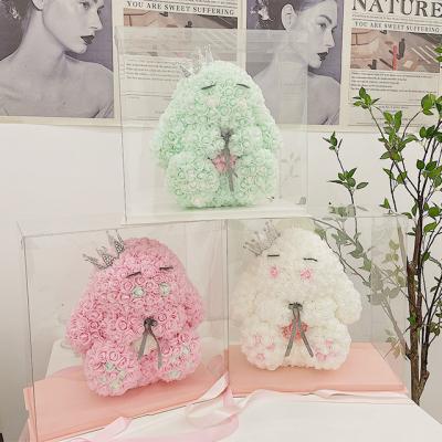 China Good Quality Ammy Wholesale Price 25cm Size Foam Rose Bunny Artificial Flower Rabbit For Gift for sale