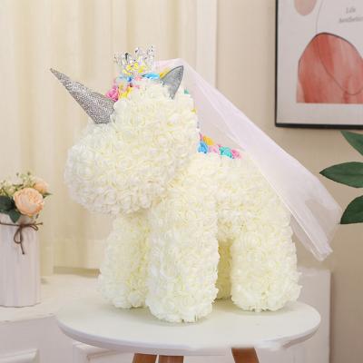 China Handmade Flower Rose Unicorn With Gift Box 45cm Ammy's Day Birthday Gift Pe Foam Teddy Rose Bear Custom Valentine Good Quality for sale