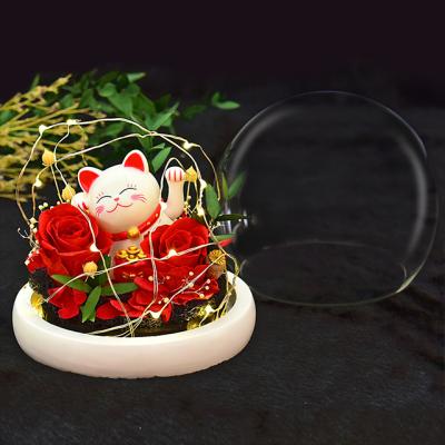 China Weddings Decoration Ammy Handmade Spherical Glass Dome Cover Preserved Roses Flower Keepsake Night Lucky Cat Lights for sale