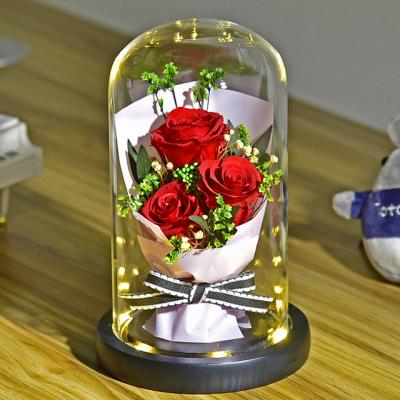 China Weddings Decoration Ammy Preserved Beautiful Rose Flower Bouquet In Glass Festival Gift for sale