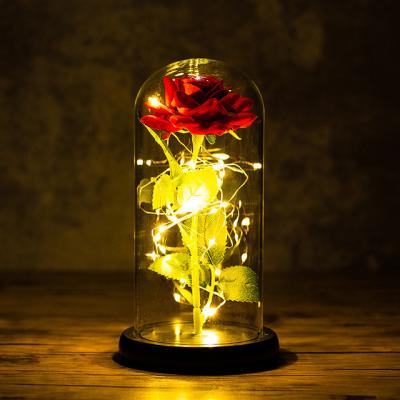 China Eternal Rose Aritficial Silk Flowers Mother Valentines Day Gift For Home Decor Ammy Rose Led Light Glass Cover Weddings Decoration for sale