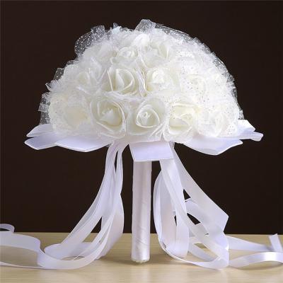 China Gifts Ammy Amazon Bridal Wedding Personal Ribbon Beaded Bouquet Foam Holding Flowers Rose Bouquet Multicolor White for sale