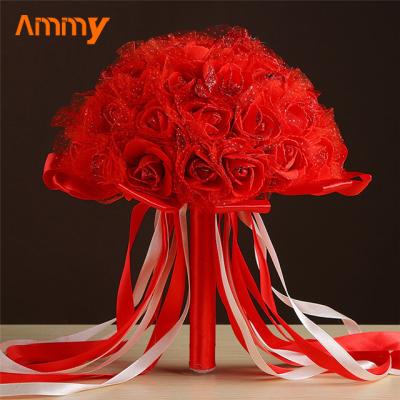 China Gifts Ammy Amazon Bridal Wedding Personal Ribbon Beaded Bouquet Foam Holding Flowers Rose Bouquet Multicolor White for sale