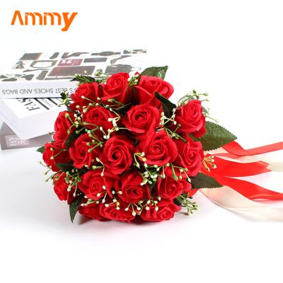 China Ammy Amazon19 Personal Roses Gifts Wedding Bridal Ribbon Beaded Bouquet Soap Flower Red Rose Multi Color for sale