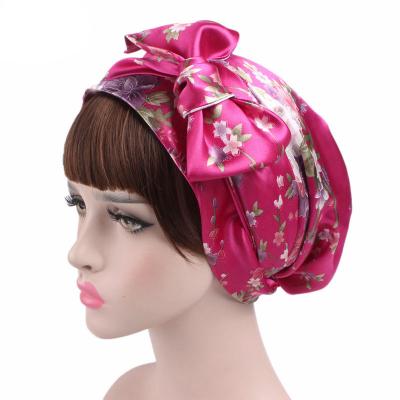 China Image Women Girls Polyester High Elastic Night Shower Hat Hair Hood Sleep Head Head Printing Ribbon Bowknot Turban Hoods for sale