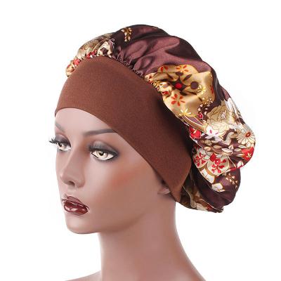 China New Picture Sleep Night Cap Cover Hood Head Hat For For Women Large Size Beauty Curly Soft Satin Print Silky Hair Hood for sale