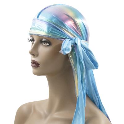 China Colorful Wide Cozy Doo Rag Sleep Hat Beanie Polyester Durag Cap Women Men Fashion Image Silk Glitter Bandana Headwear for sale