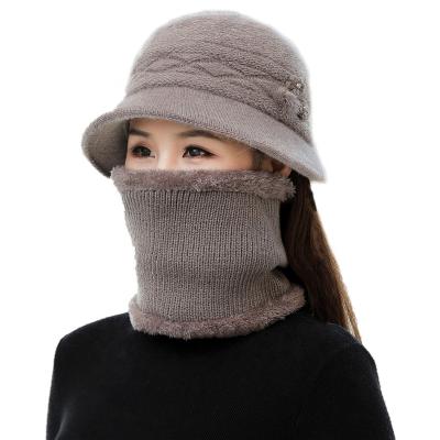 China Women Square Winter Warm Knit Hat Rabbit Snow Ski Fur Caps With Visor Winter Knitted Women Beanie Skullies Hat Thick Beanies Scarf for sale