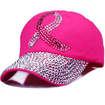 China COMMON Crystal Baseball Cap for Women Breast Cancer Awareness Ribbon Hat Rhinestone Stone Covers Snapback Rivet Hats for sale