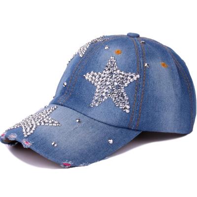 China Custom COMMON Denim Snapback Cap Bling Cap Rhinestone Pentagon Rhinestone Hat Cotton Baseball Caps For Women Lady for sale