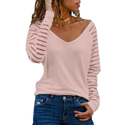 China Fashionable Style QUICK DRY Solid Color Women's Plus Size Tops Long Sleeve Casual V-Neckline Striped Long Loose Fit T-Shirt for sale