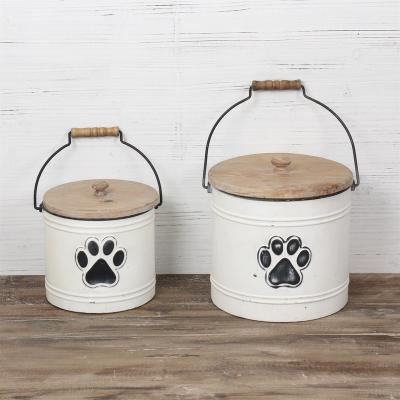 China Decoration HYKING Vintage Antique Set Of Two Paw Can Tin Pet Food Storage With Cover Metal Iron Wood Storage Accept Custom Made for sale