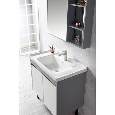 China Environmental Friendly Kaved Modern Single Ceramic Sink Floor Mounted Aluminum Bathroom Vanity Cabinet With Mirror for sale