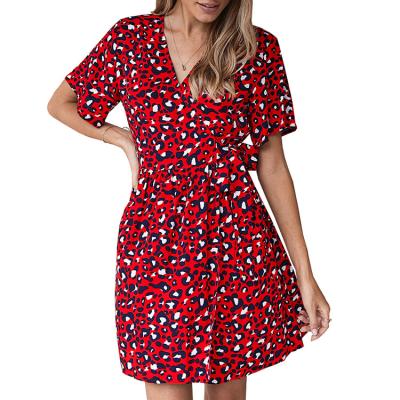 China Newest Fashion Trendy Anti-Static Anti-Static Red Leopard Printed Sexy V Neck Belted Dress Club Dresses 2021 for sale