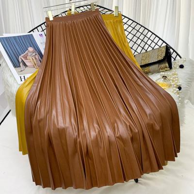 China Plus Size High Waisted 86cm Long PU Leather Pleated Skirt Women for sale