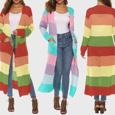 China Newest Colorful Striped Anti-pilling Anti-pilling Fall Winter With Pocket Side Slit Girl Knit Thick Knitted Sweater Sweater Cardigan Long For Women for sale