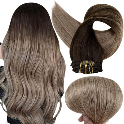 China Silky Straight Wave Full Shine Remy Human Hair Extensions Clip In Natural Brown Balayage Hair Extensions Clips #2/6/18 for sale